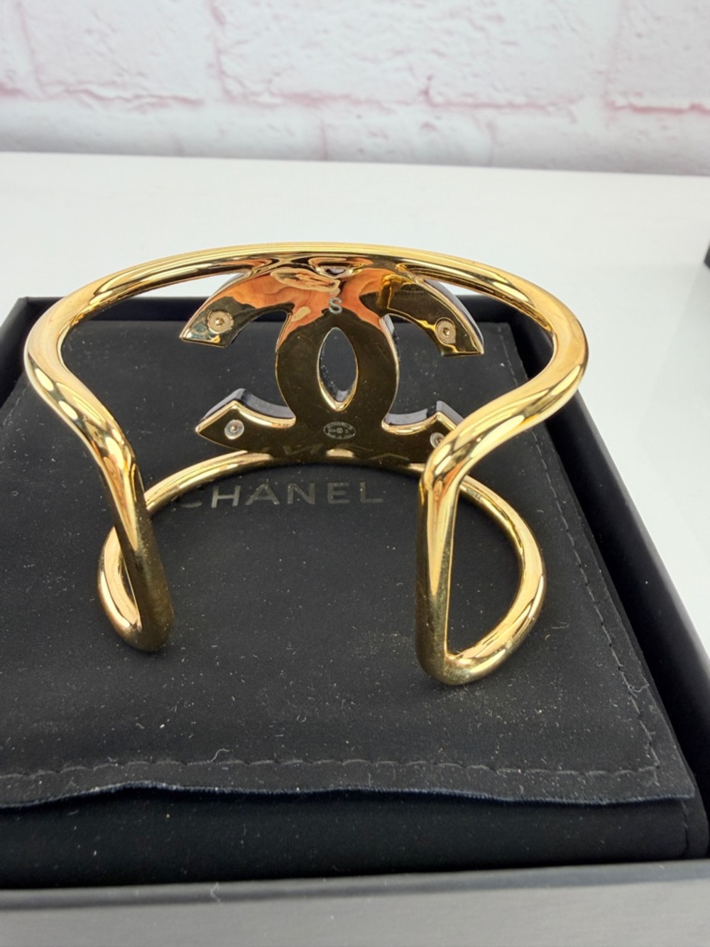 CHANEL Cuff Coco Mark Black and Gold Double C Logo Cuff Bracelet - Picture 6 of 10